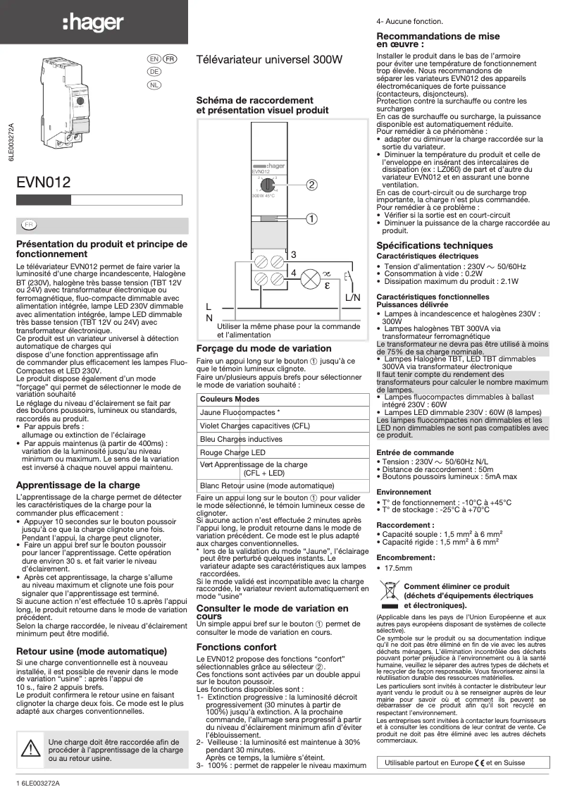 Page n°1 - Manuel utilisateur Hager EVN012