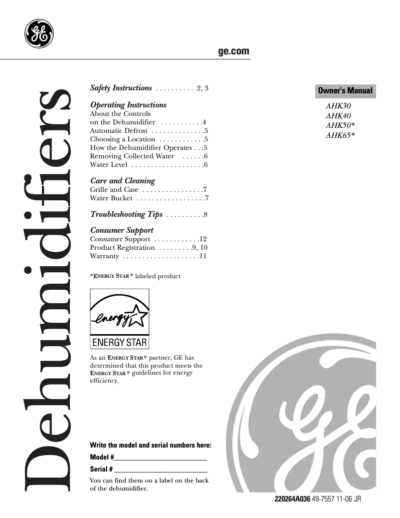 Page 1 de la notice Manuel d'utilisation et d'entretien GE AHK30LK