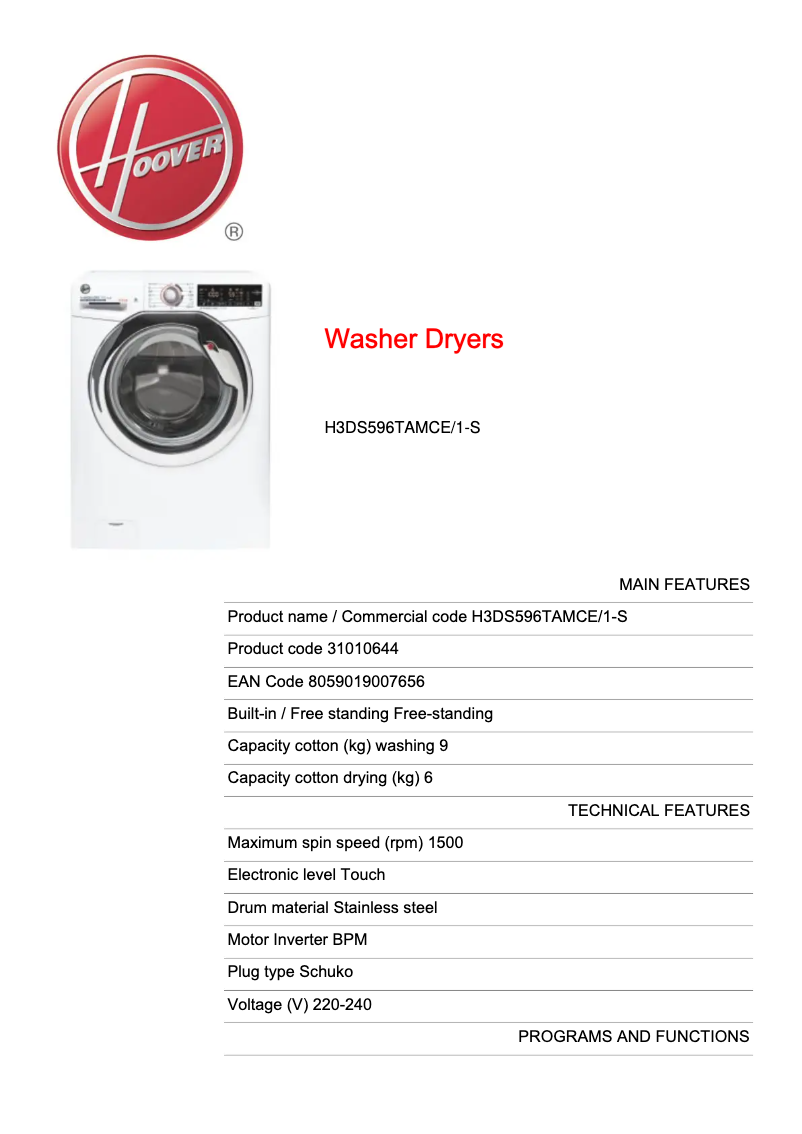 Page n°1 - Fiche technique Hoover H-WASH 300 PLUS H3DS596TAMCE/1-S