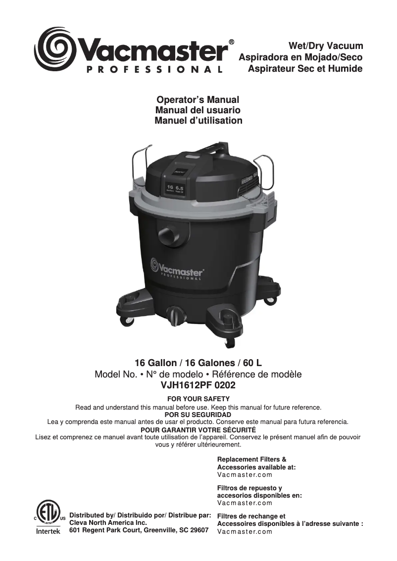 Page n°1 - Manuel utilisateur Vacmaster Professional VJH1612PF 0202