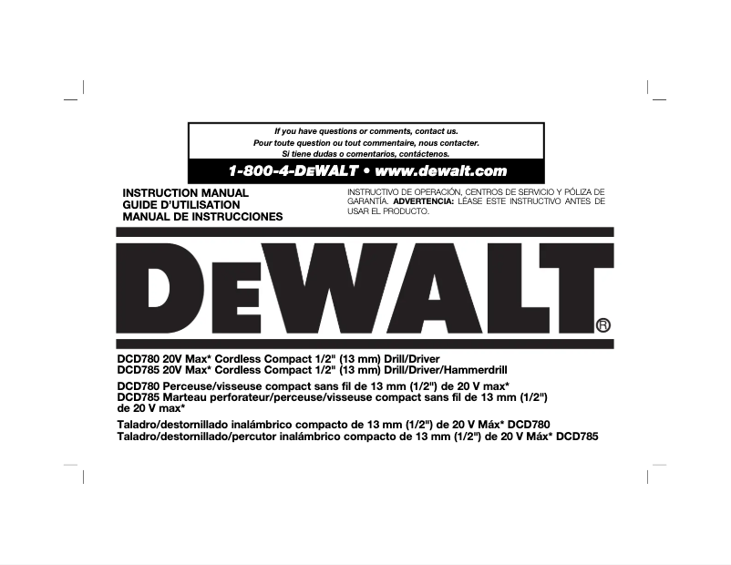 Page 1 de la notice Manuel utilisateur DeWalt DCD780