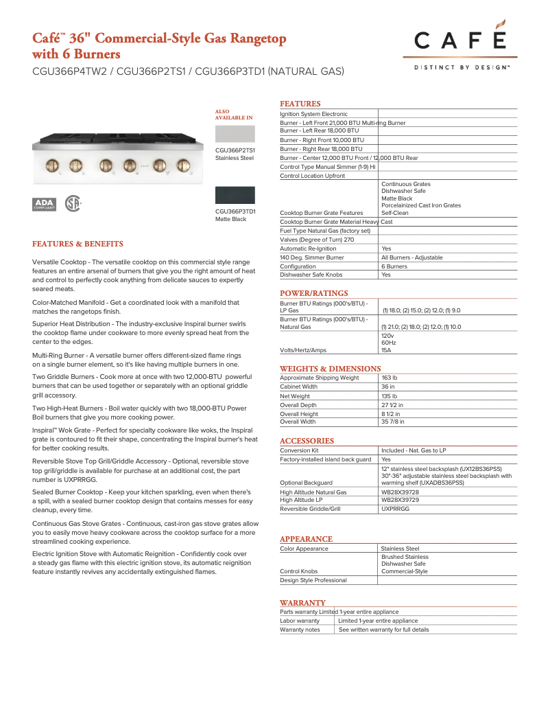Page n°1 - Fiche technique GE CGU366P3TD1