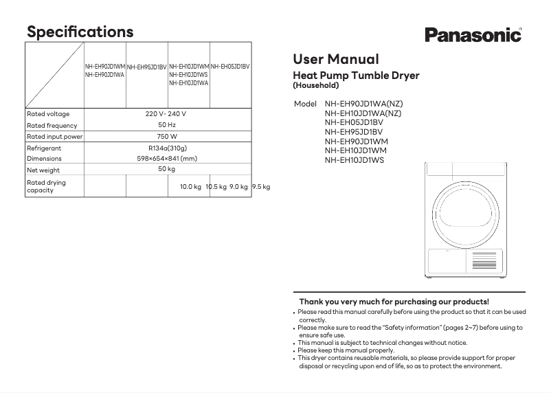 Page 1 de la notice Manuel utilisateur Panasonic NH-EH90JD1WM