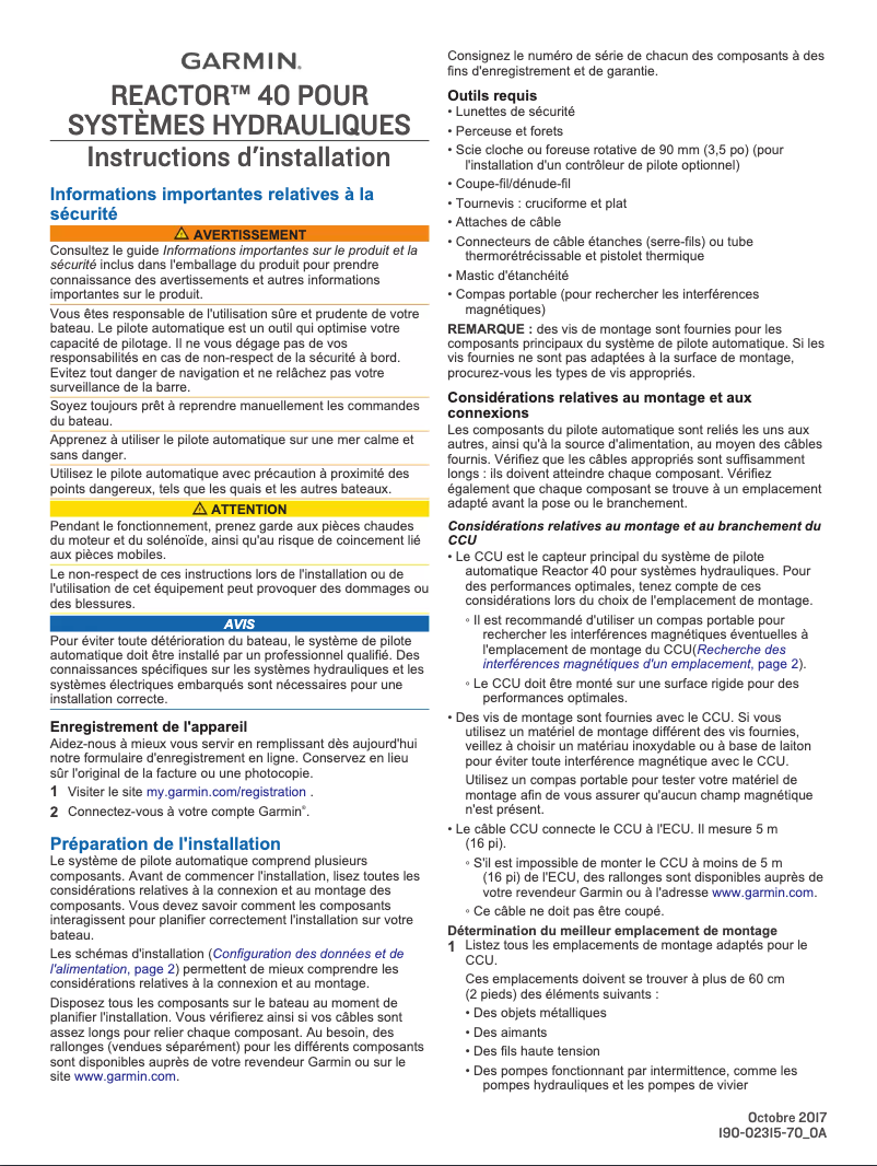 Page n°1 - Guide d'installation Garmin Reactor 40 Hydraulic