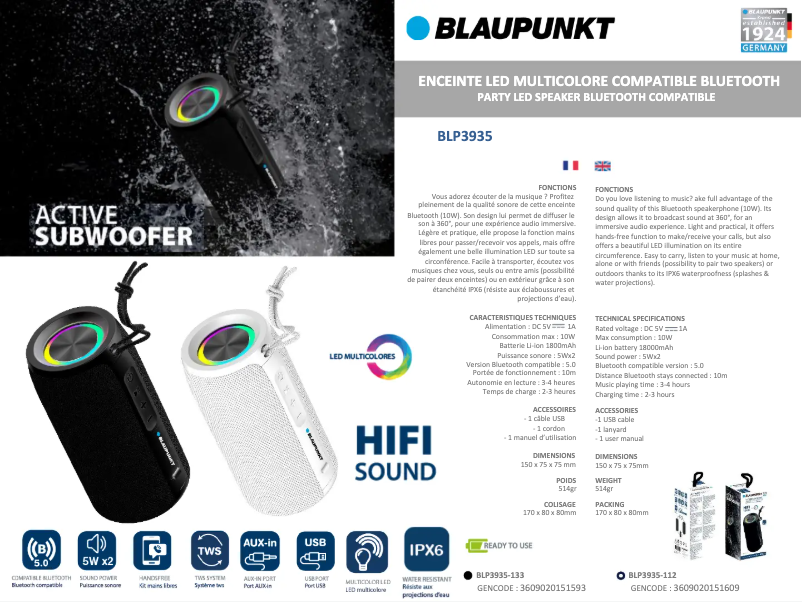 Page n°1 - Fiche technique Blaupunkt BLP3935