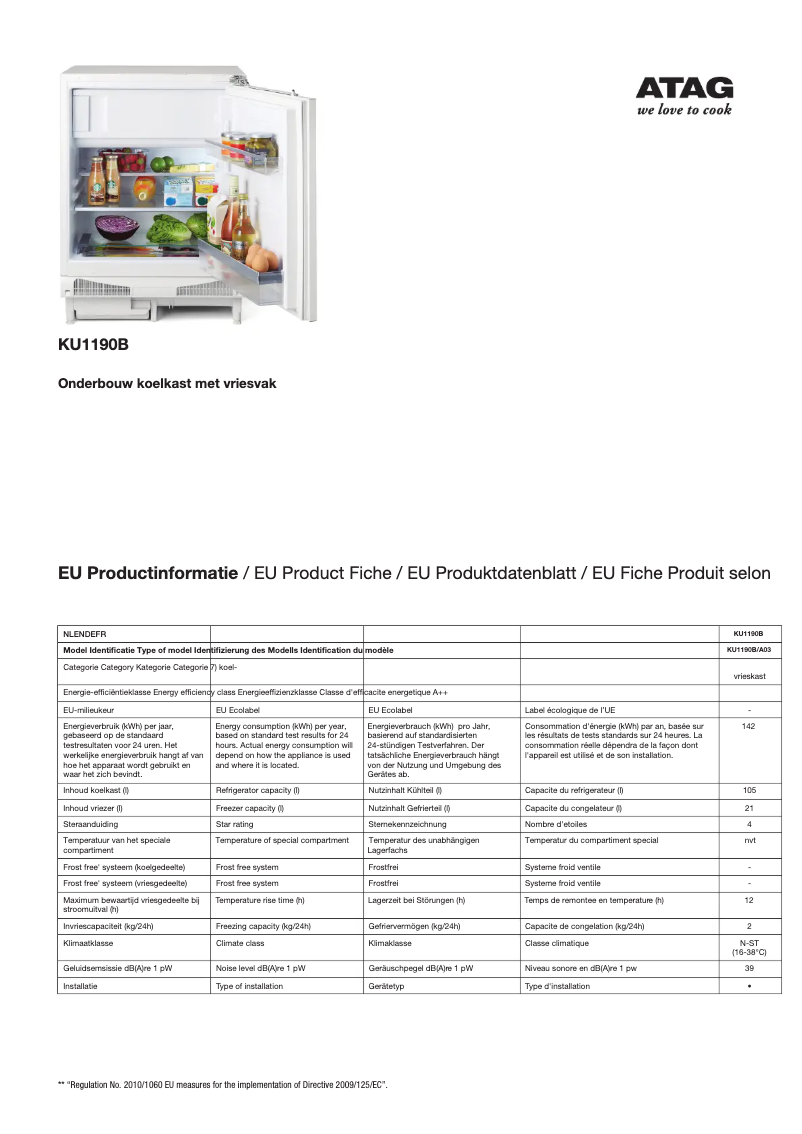 Page 1 de la notice Fiche technique Atag KU1190B