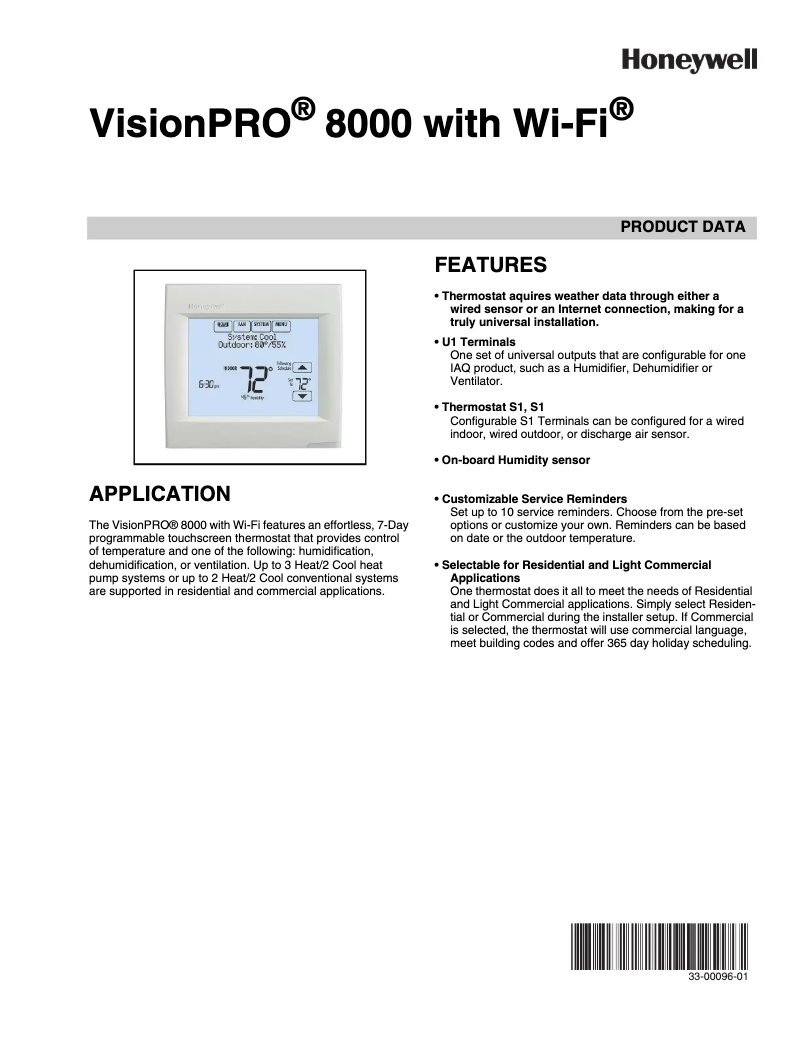 Page 1 de la notice Fiche technique Honeywell VisionPRO 8000