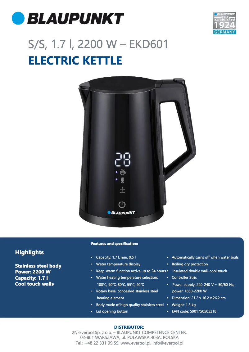 Page 1 de la notice Fiche technique Blaupunkt EKD601