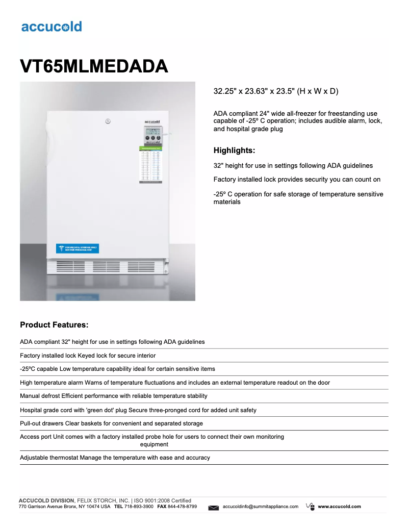 Image de la première page du manuel de l'appareil Accucold VT65MLMEDADA