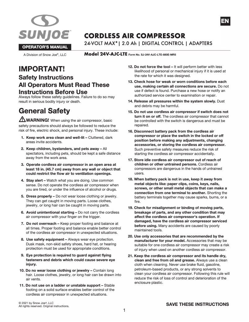 Page 1 de la notice Manuel utilisateur Auto Joe 24V-AJC-LTE