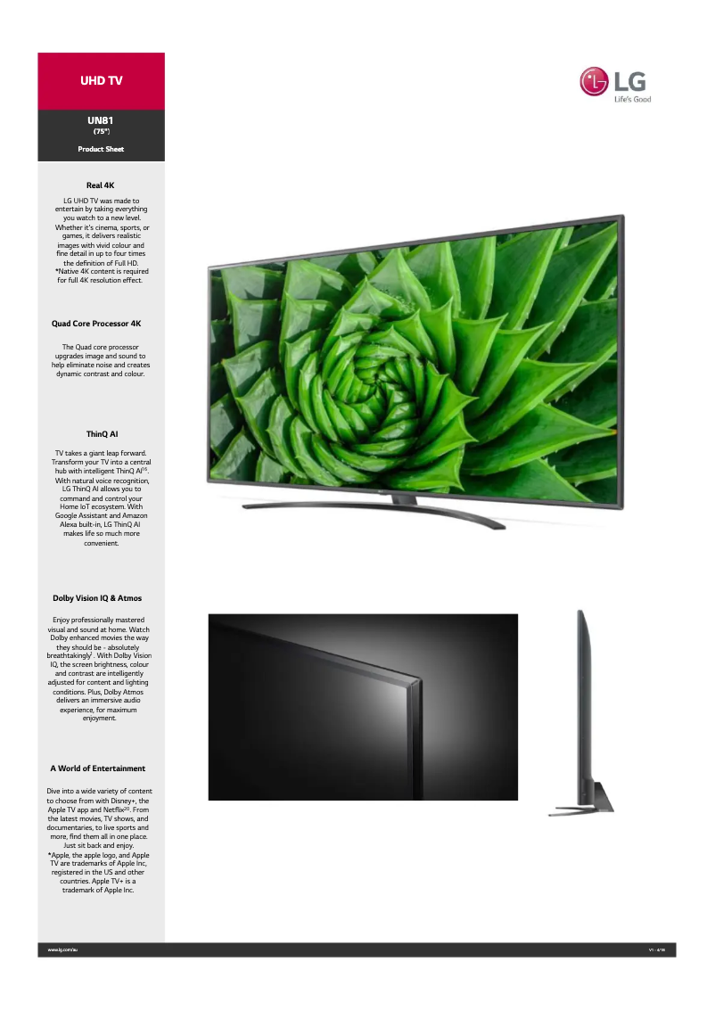 Page 1 of the manual Technical Sheet LG 75UN8100PTB