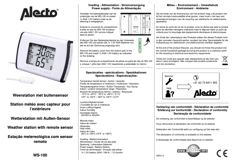 Page 1 de la notice Manuel utilisateur Alecto WS-100