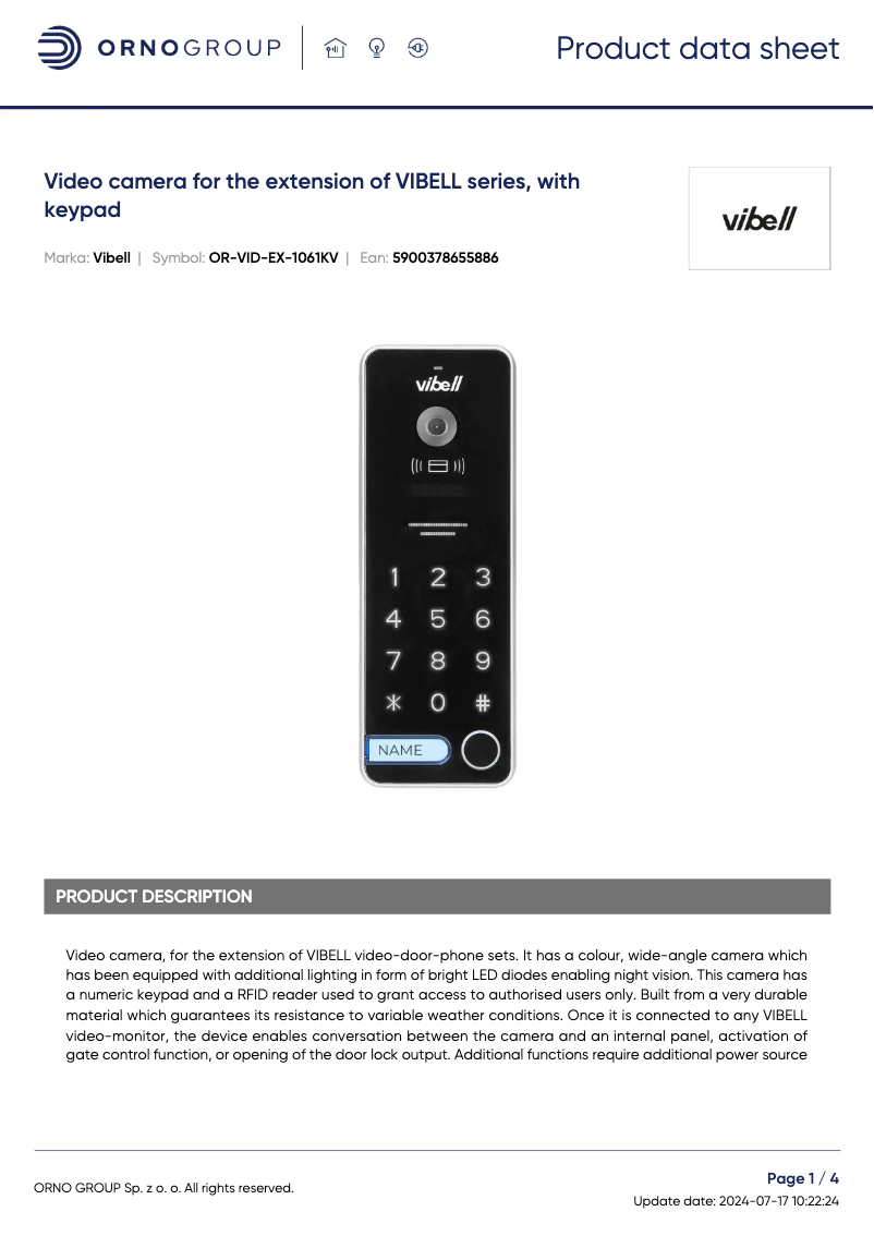 Page 1 de la notice Fiche technique Vibell OR-VID-EX-1061KV