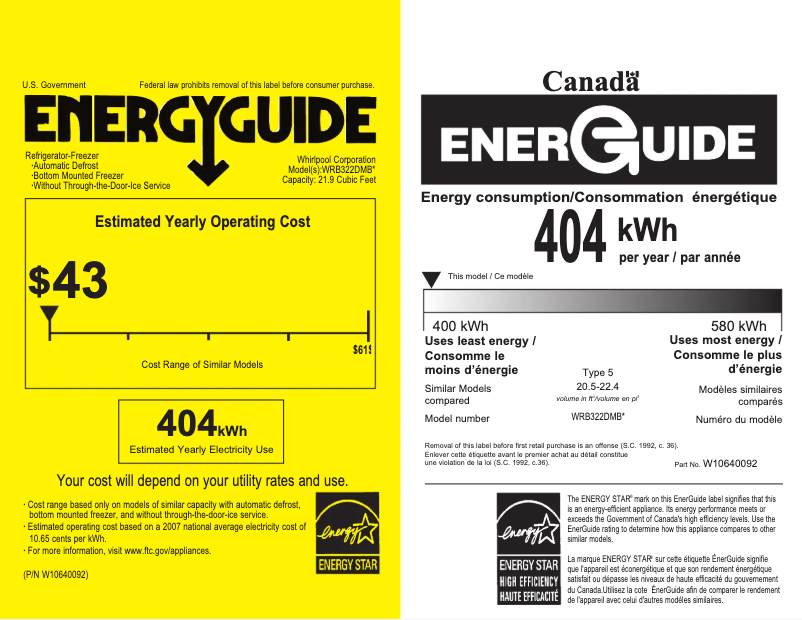 Page 1 de la notice Label énergétique Whirlpool WRB322DMBB