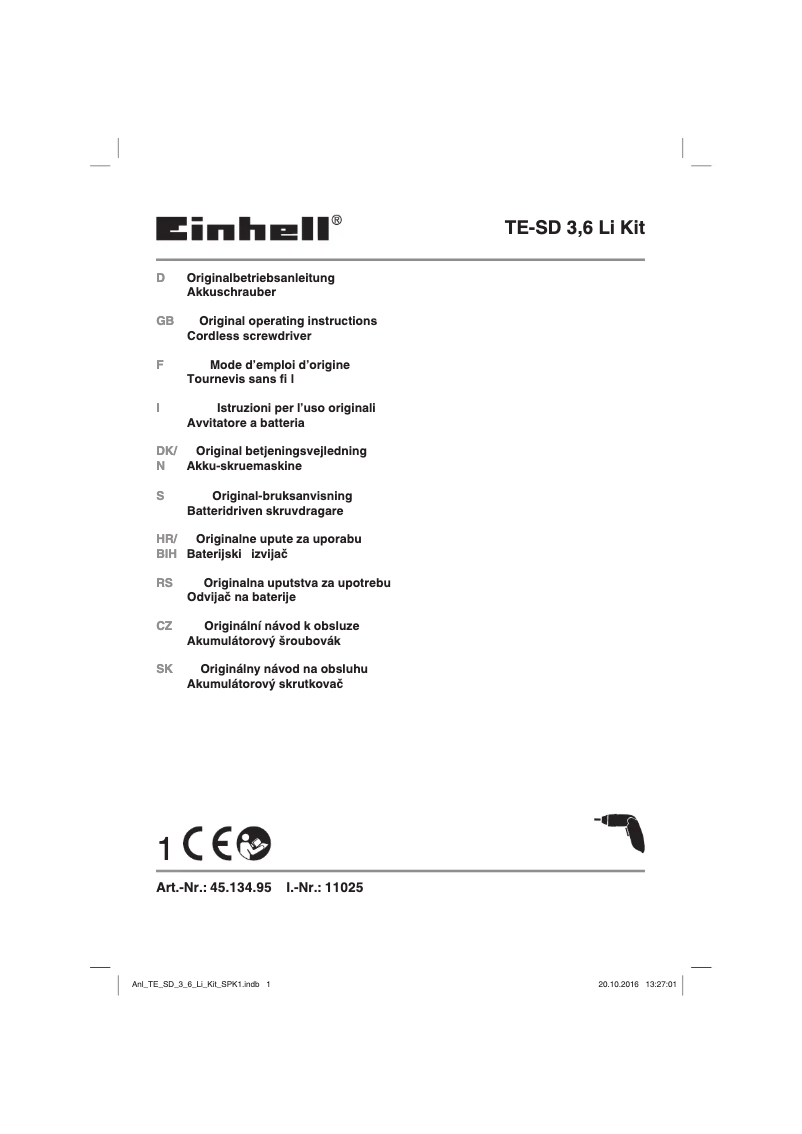 Page n°1 - Manuel utilisateur Einhell RT-SD 3,6/2 Li