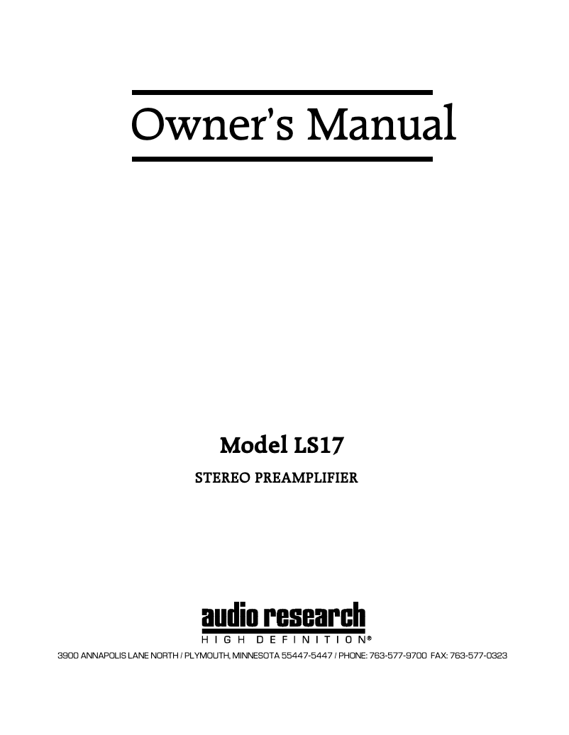 Page n°1 - Manuel utilisateur Audio Research LS 17