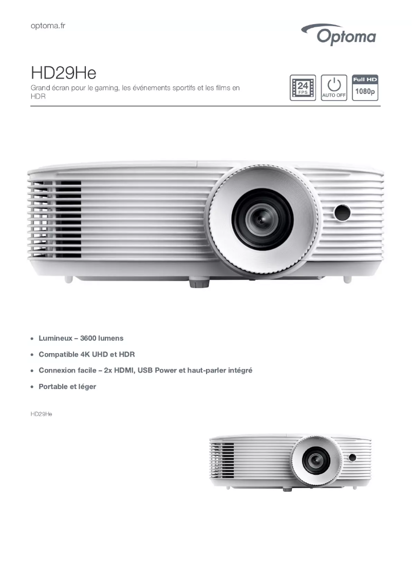 Page 1 de la notice Fiche technique Optoma HD29He