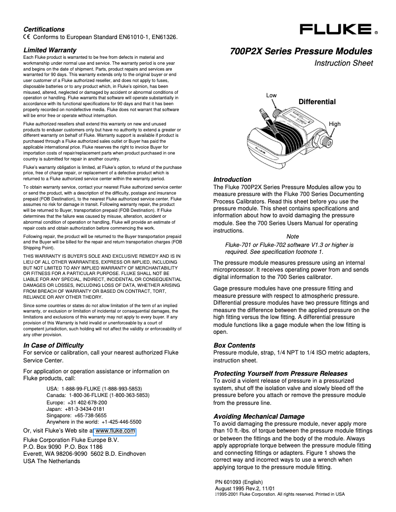 Page 1 de la notice Instructions / montage Fluke 700P22