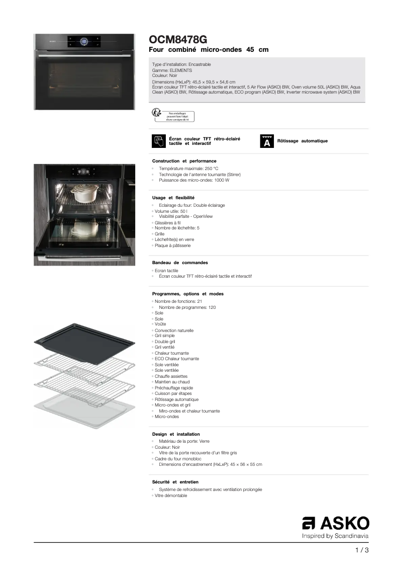 Page 1 de la notice Fiche technique Asko OCM8478G