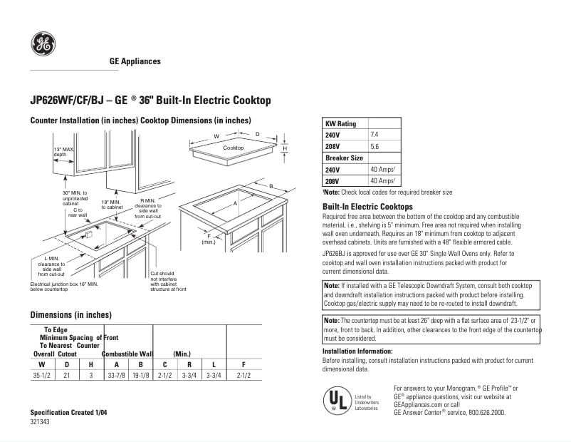 Page 1 de la notice Fiche technique GE JP626CFCC