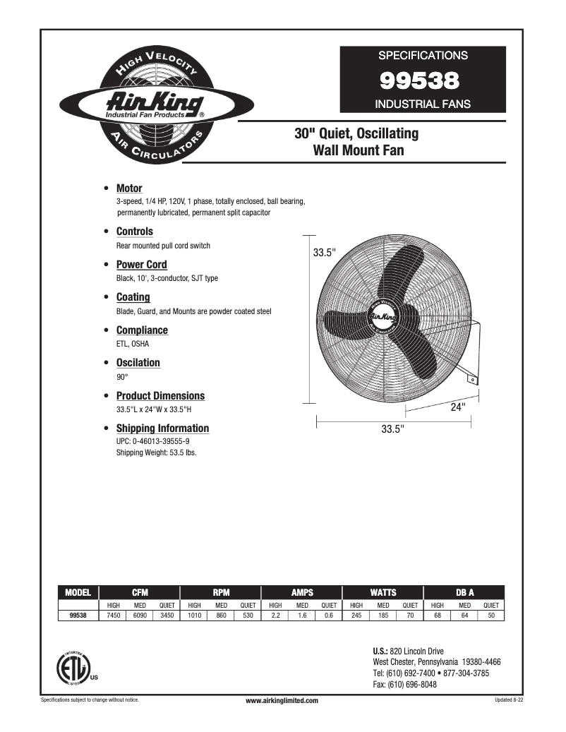 Page 1 de la notice Fiche technique Air King 99538
