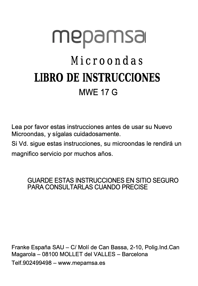 Page 1 de la notice Manuel utilisateur Mepamsa MWE 17