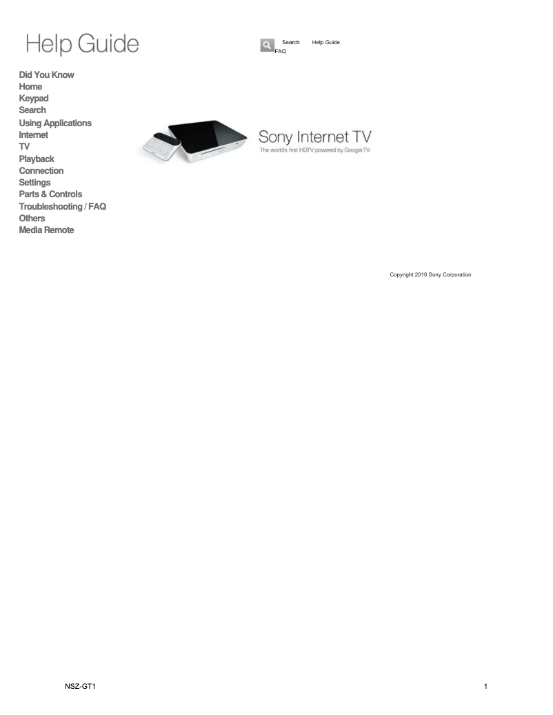 Page 1 de la notice Manuel utilisateur Sony NSZ-GT1