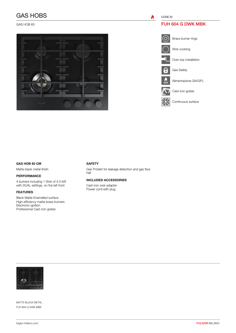 Page 1 de la notice Fiche technique Fulgor Milano FUH 604 G DWK MBK