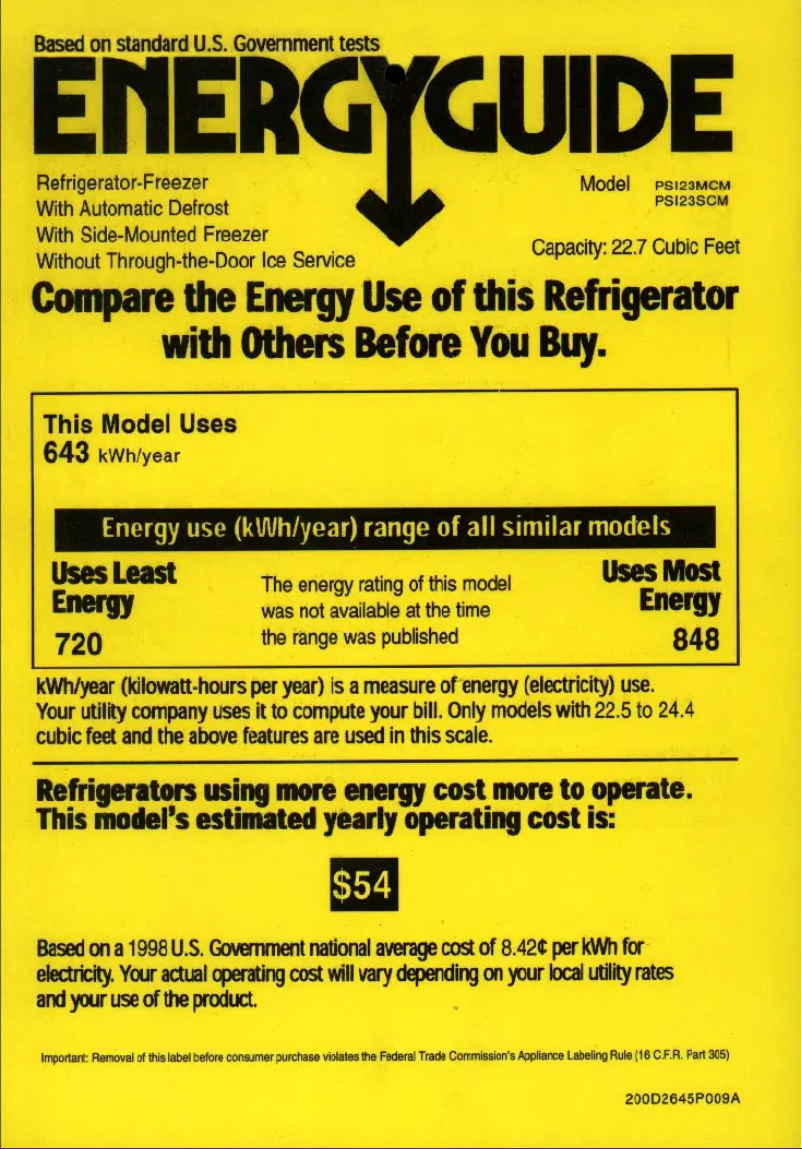 Page 1 de la notice Label énergétique GE Profile Arctica CustomStyle PSI23MCLBB
