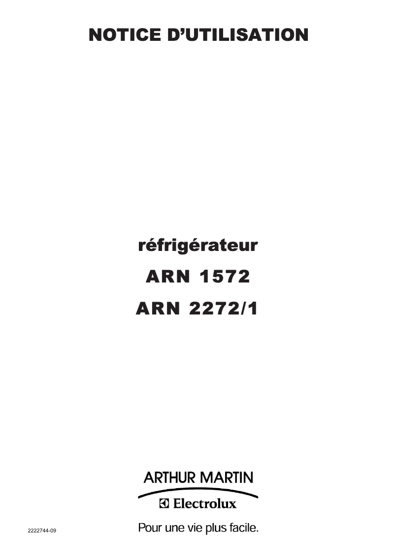 Page 1 de la notice Manuel utilisateur Arthur Martin-Electrolux ARN2272