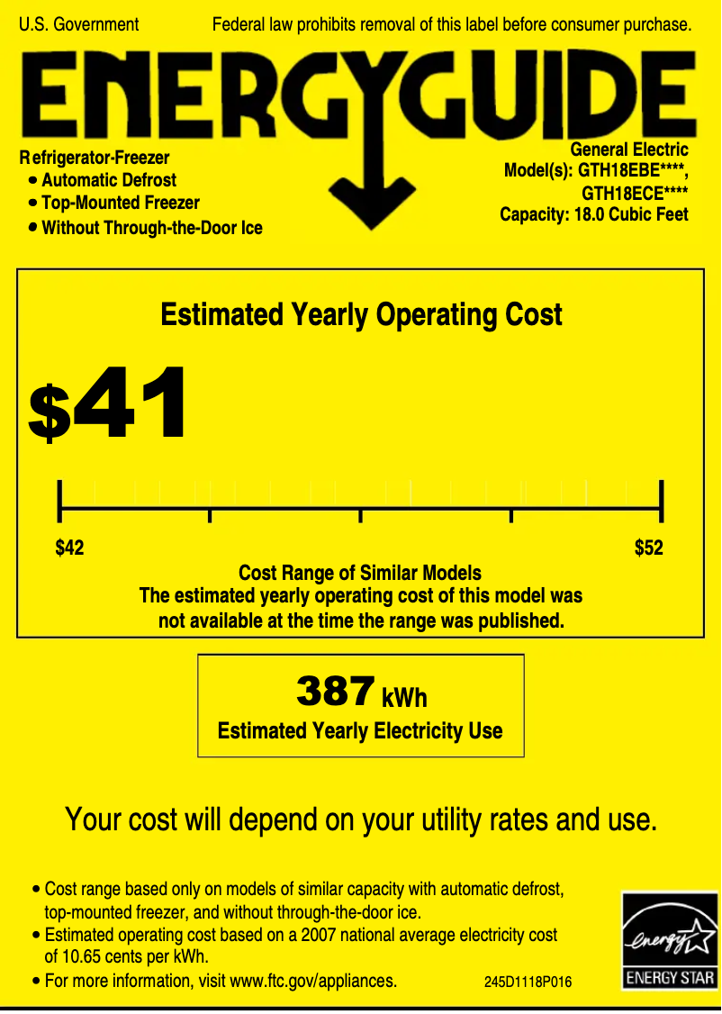 Page 1 de la notice Label énergétique GE GTH18ECEBB