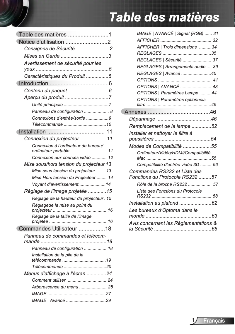 Page 1 de la notice Manuel utilisateur Optoma W312