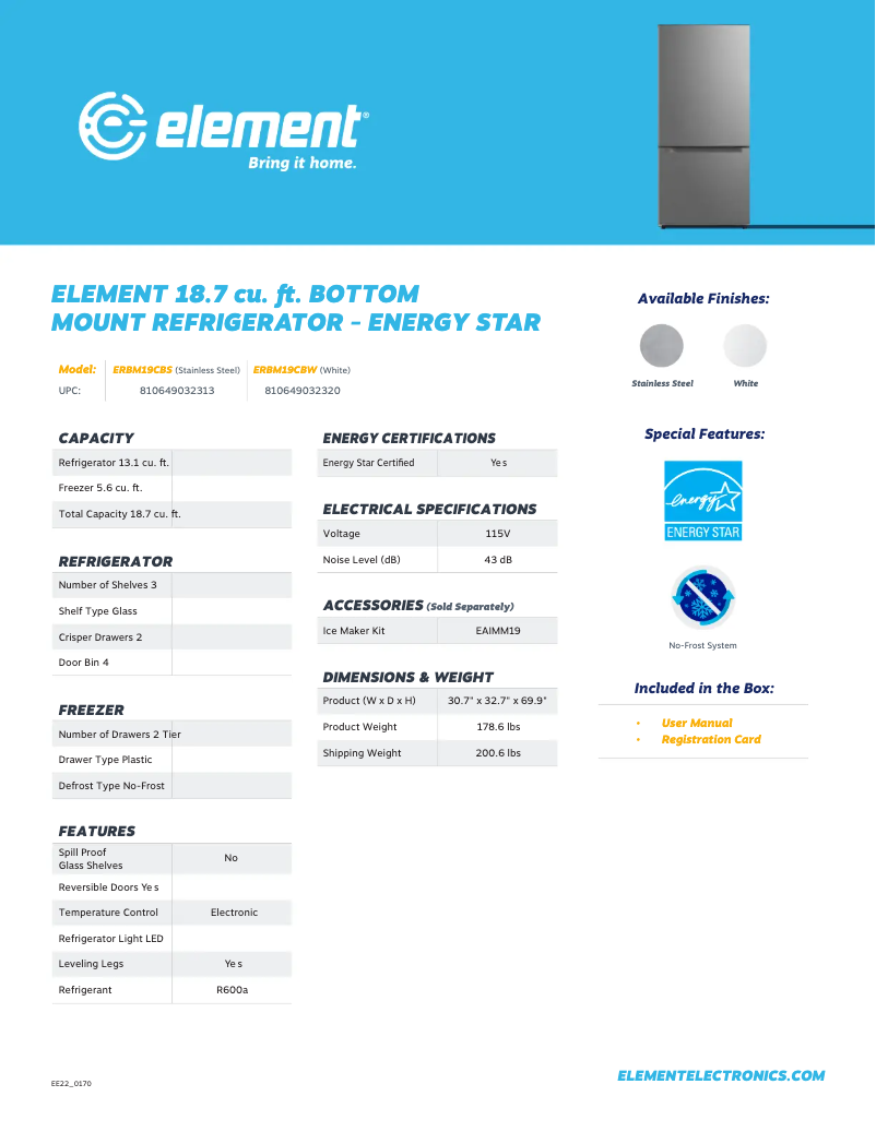 Page n°1 - Fiche technique Element ERBM19CBS