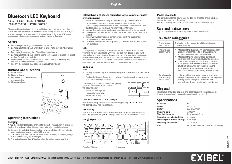 Page 1 de la notice Manuel utilisateur Exibel HP086B