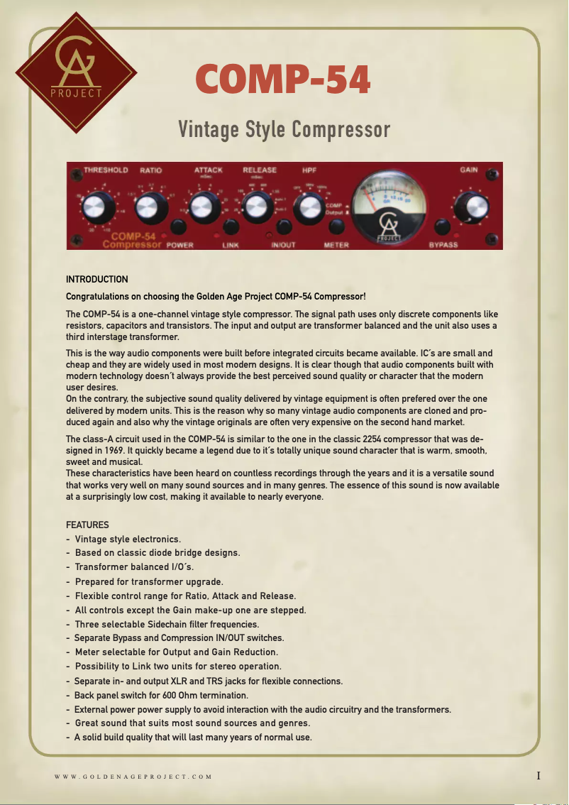 Page n°1 - Manuel utilisateur Golden Age Project COMP-54 MKIII