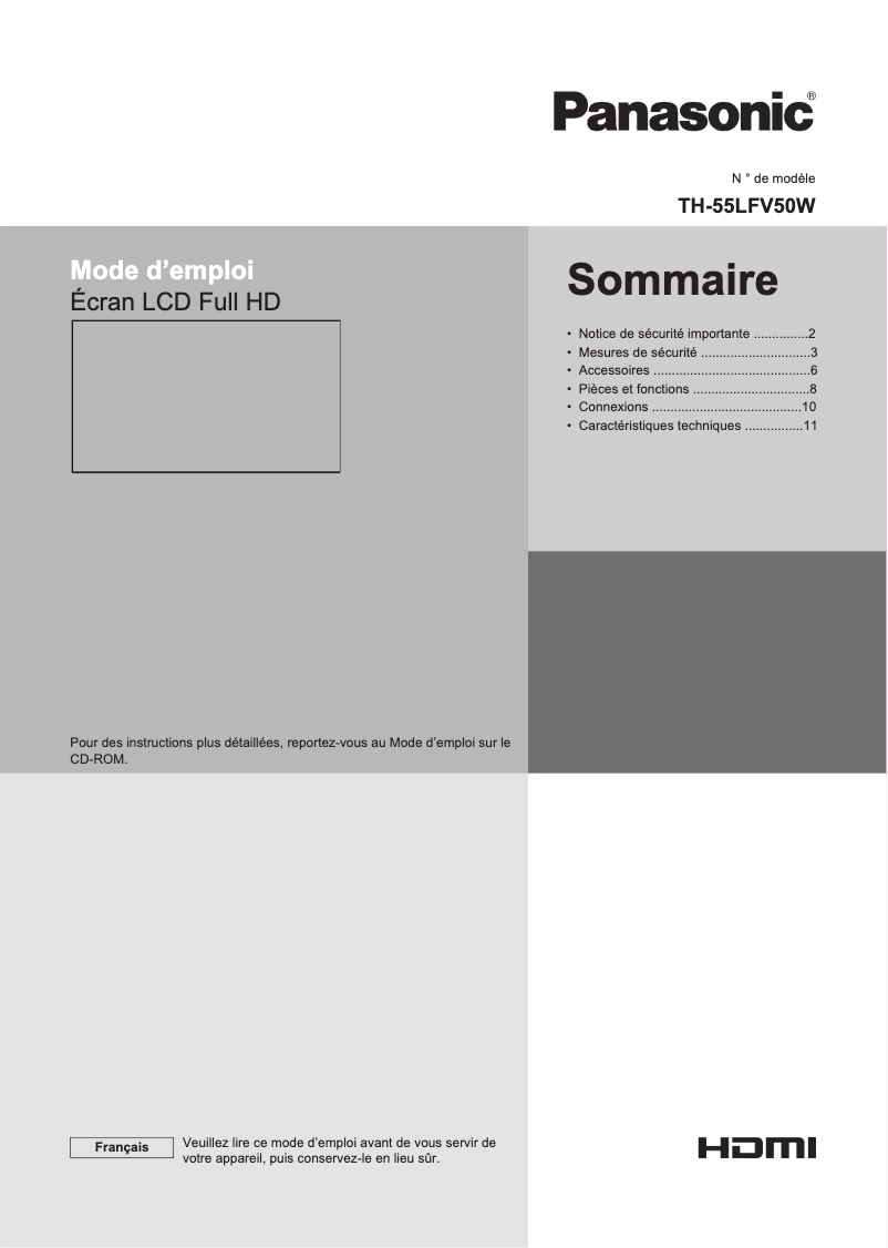 Page 1 de la notice Guide de démarrage rapide Panasonic TH-55LFV50W