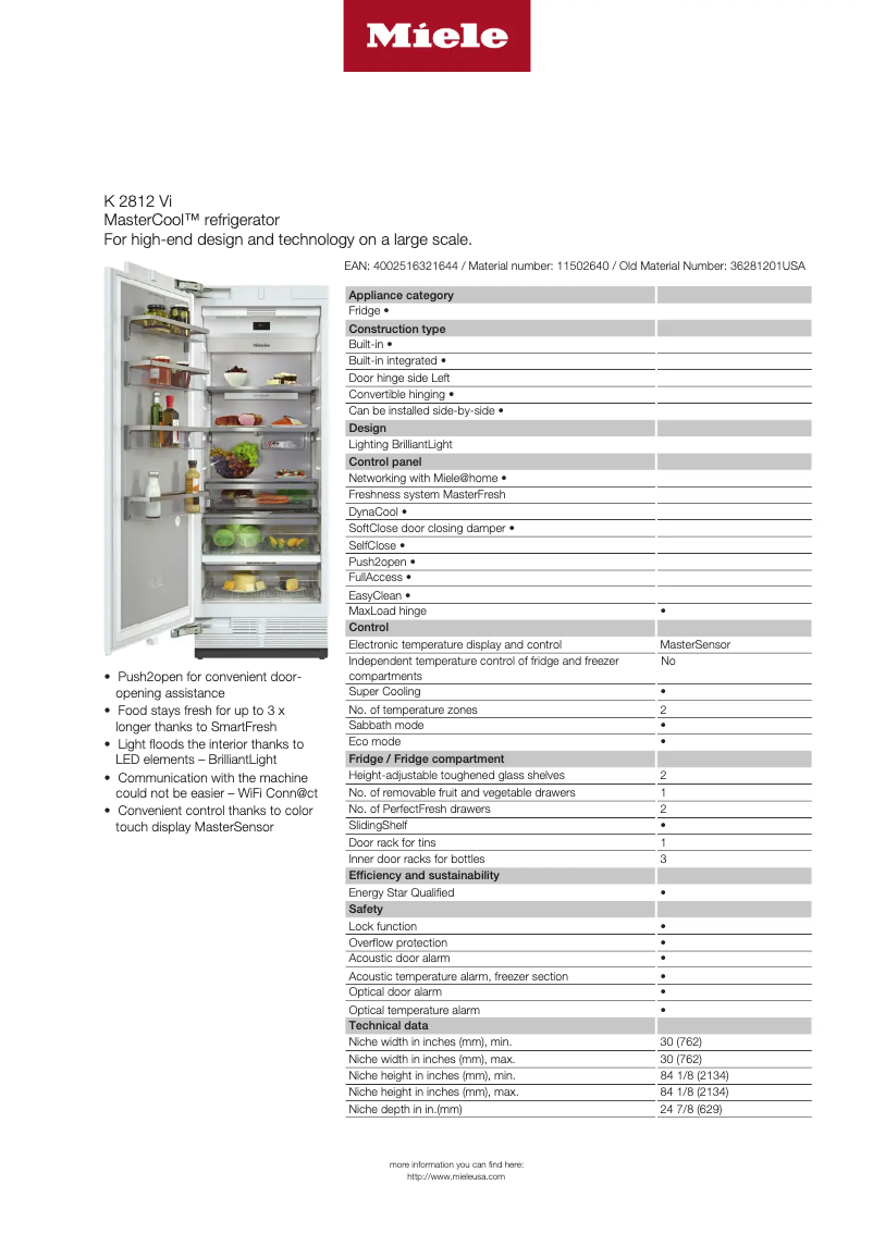 Page 1 de la notice Fiche technique Miele K 2812 Vi
