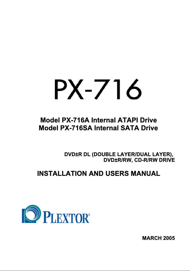 Page n°1 - Manuel utilisateur Plextor PX-716