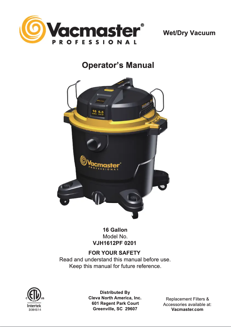 Page n°1 - Manuel utilisateur Vacmaster Professional VJH1612PF 0201