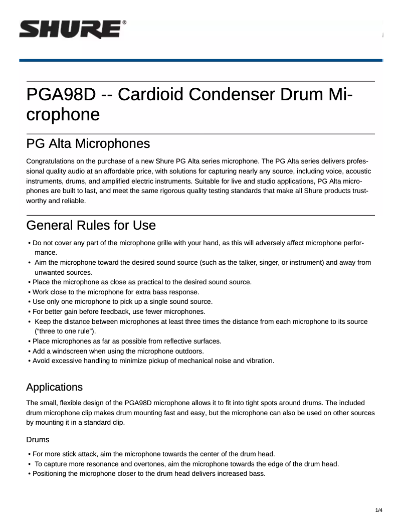 Page n°1 - Manuel utilisateur Shure PGA98D