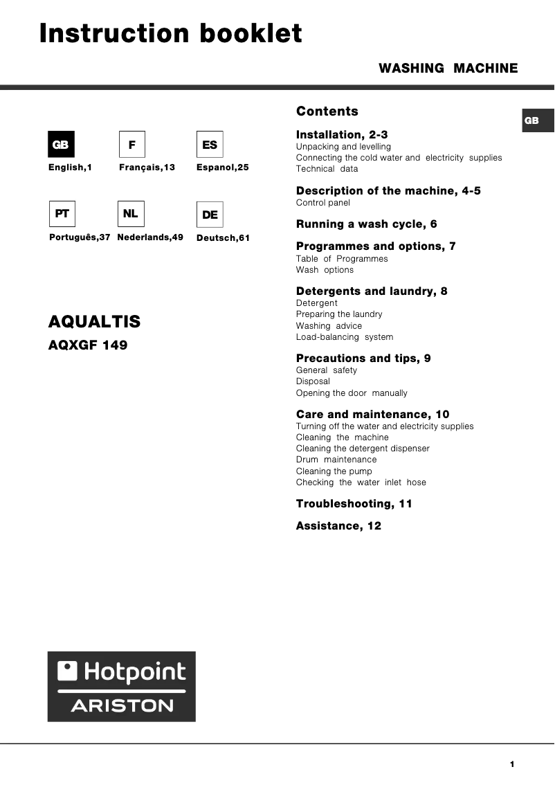 Page n°1 - Manuel utilisateur Hotpoint Ariston Aqualtis AQXGF 149 H S N