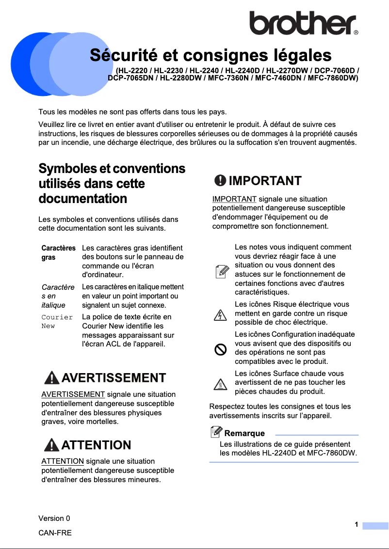 Page 1 de la notice Instructions de sécurité Brother HL-2280DW