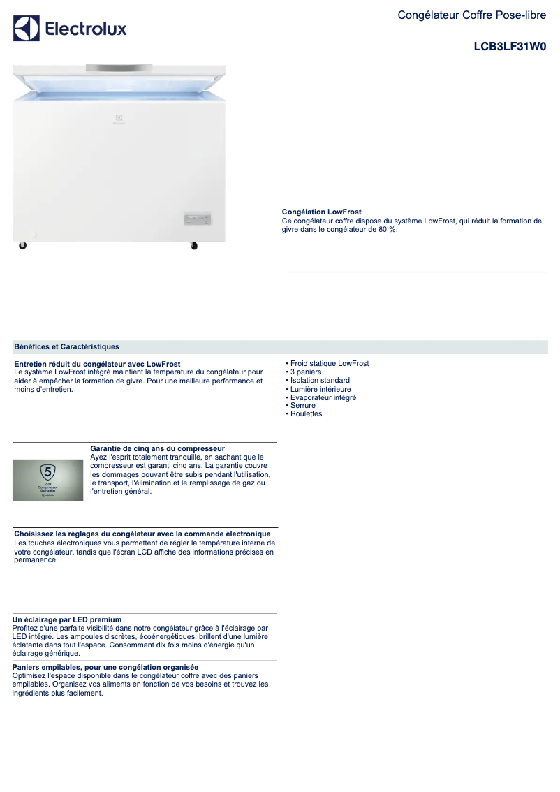 Page 1 de la notice Fiche technique Electrolux LCB3LF31W0