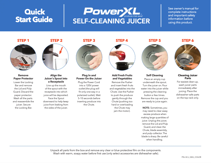 Page 1 de la notice Guide de démarrage rapide PowerXL Self-Cleaning Juicer SHL96