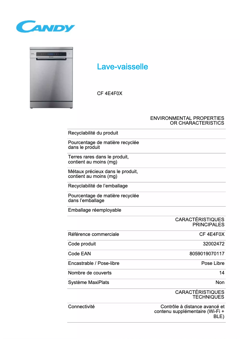 Page 1 de la notice Fiche technique Candy CF 4E4F0X