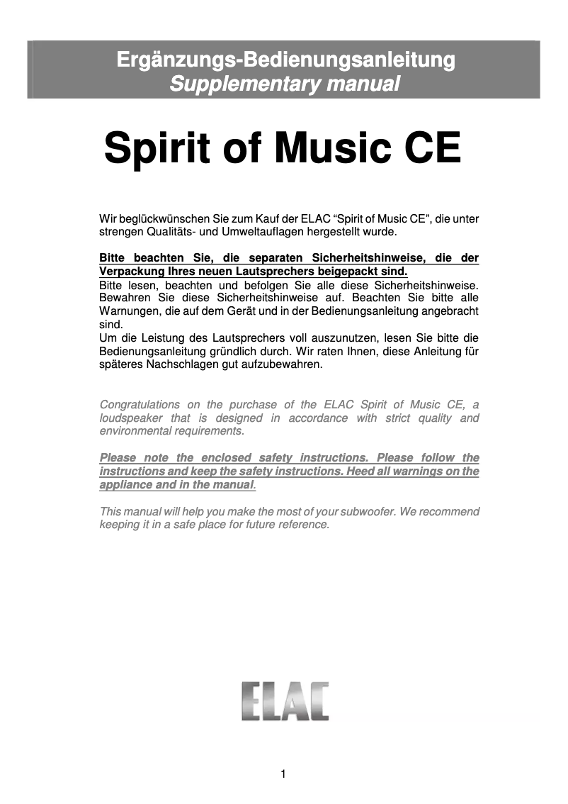 Page 1 de la notice Manuel utilisateur ELAC Spirit of Music CE