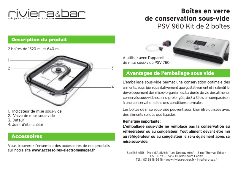 Page 1 de la notice Manuel utilisateur Riviera & Bar PSV960