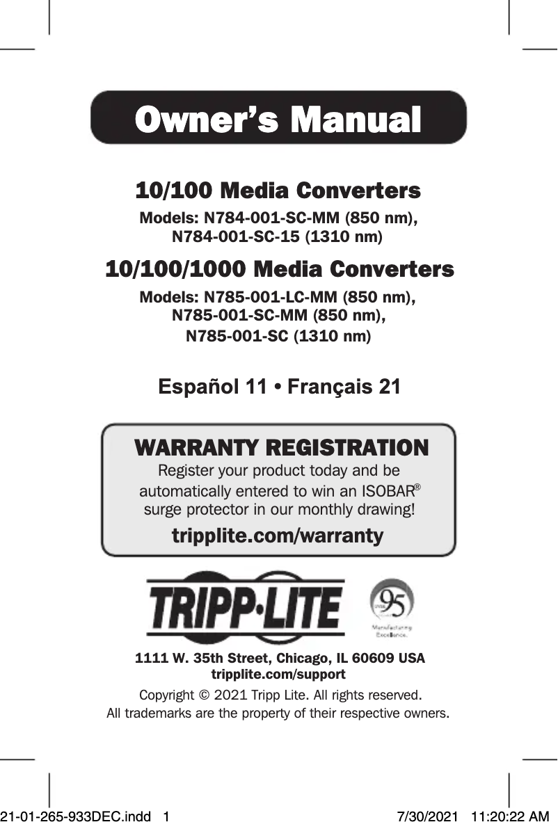 Page 1 de la notice Manuel utilisateur Tripp Lite N785-001-SC