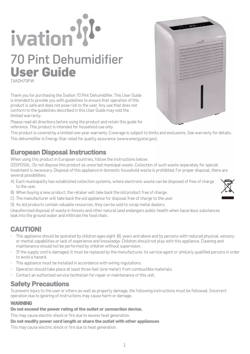 Page n°1 - Manuel utilisateur Ivation IVADH70PW