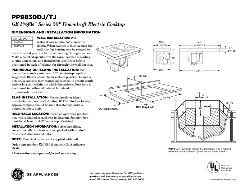 Page n°1 - Fiche technique GE Profile PP9830TJWW